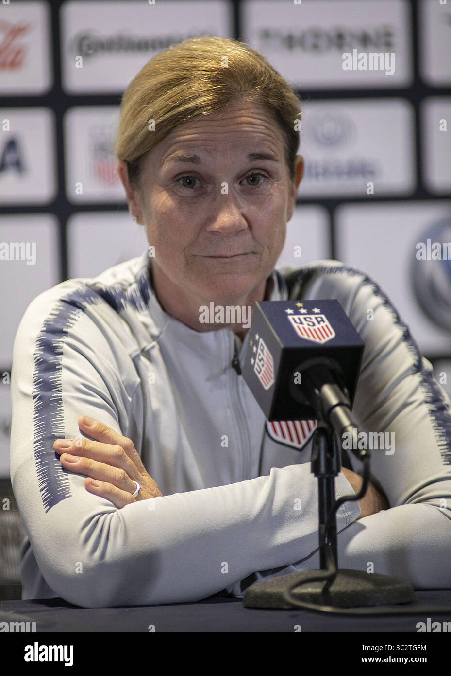 2 août 2019, Pasadena, Californie, États-Unis d'Amérique : L'entraîneuse-chef, Jill Ellis de l'équipe nationale féminine des États-Unis lors d'une conférence de presse avant leur entraînement le vendredi 2 août 2019 avant leur match du Victory Tour avec l'équipe nationale d'Irlande qui aura lieu le samedi 3 août 2019 au Rose Bowl Stadium de Pasadena, Californie. JAVIER ROJAS/PI (crédit image : © Prensa Internacional via ZUMA Wire) Banque D'Images