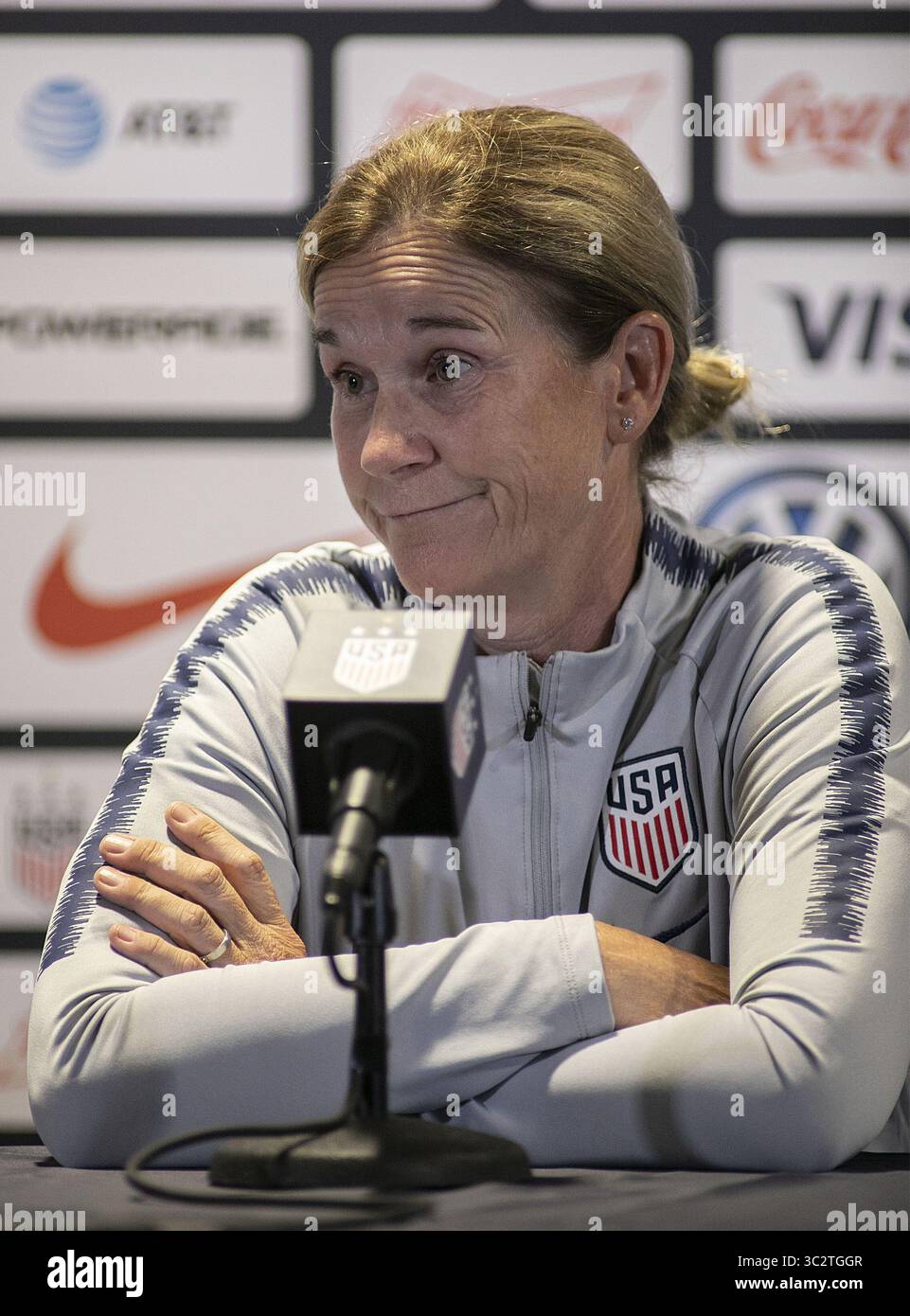 2 août 2019, Pasadena, Californie, États-Unis d'Amérique : L'entraîneuse-chef, Jill Ellis de l'équipe nationale féminine des États-Unis lors d'une conférence de presse avant leur entraînement le vendredi 2 août 2019 avant leur match du Victory Tour avec l'équipe nationale d'Irlande qui aura lieu le samedi 3 août 2019 au Rose Bowl Stadium de Pasadena, Californie. JAVIER ROJAS/PI (crédit image : © Prensa Internacional via ZUMA Wire) Banque D'Images