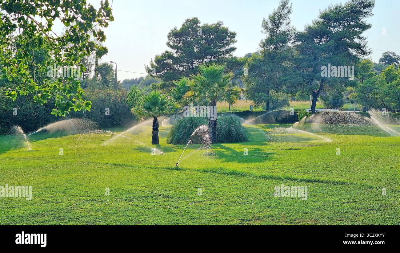 Vue sur la pelouse verte avec système d'irrigation automatique dans le parc d'un hôtel de luxe en Grèce par une chaude journée d'été Banque D'Images