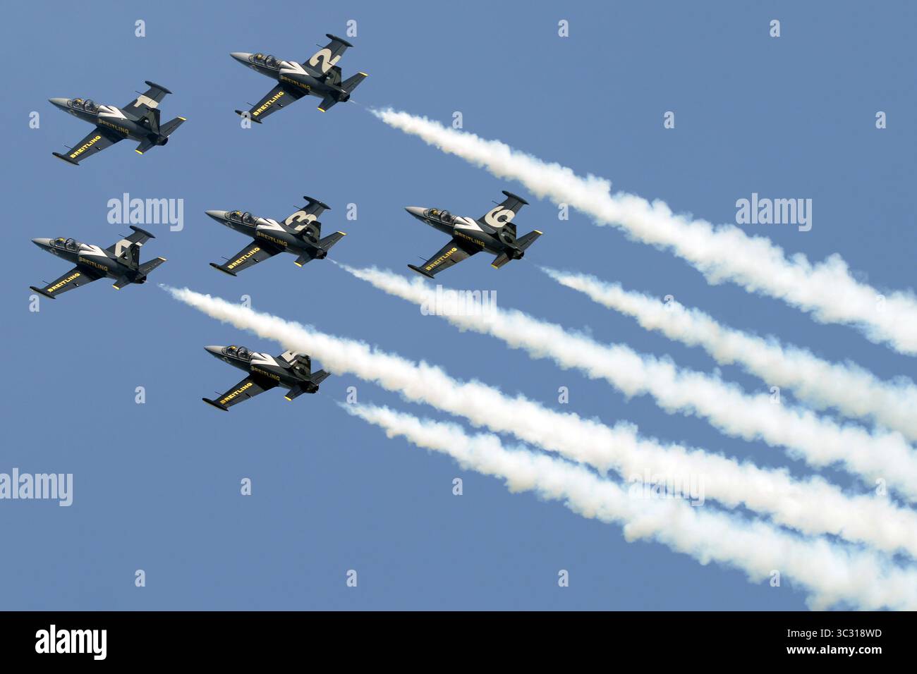 31 août 2019, Hradec Kralove, République Tchèque : Breitling Jet Acrobatic Team of France pendant le Czech International Air Fest à Hradec Kralove en République Tchèque... L'équipe Breitling Jet Team est la plus grande équipe civile d'exposition acrobatique en Europe. Basée à Dijon, en France, elle pilote huit avions tchèques Aero l-39 Albatros. (Crédit image : © Slavek Ruta/ZUMA Wire) Banque D'Images