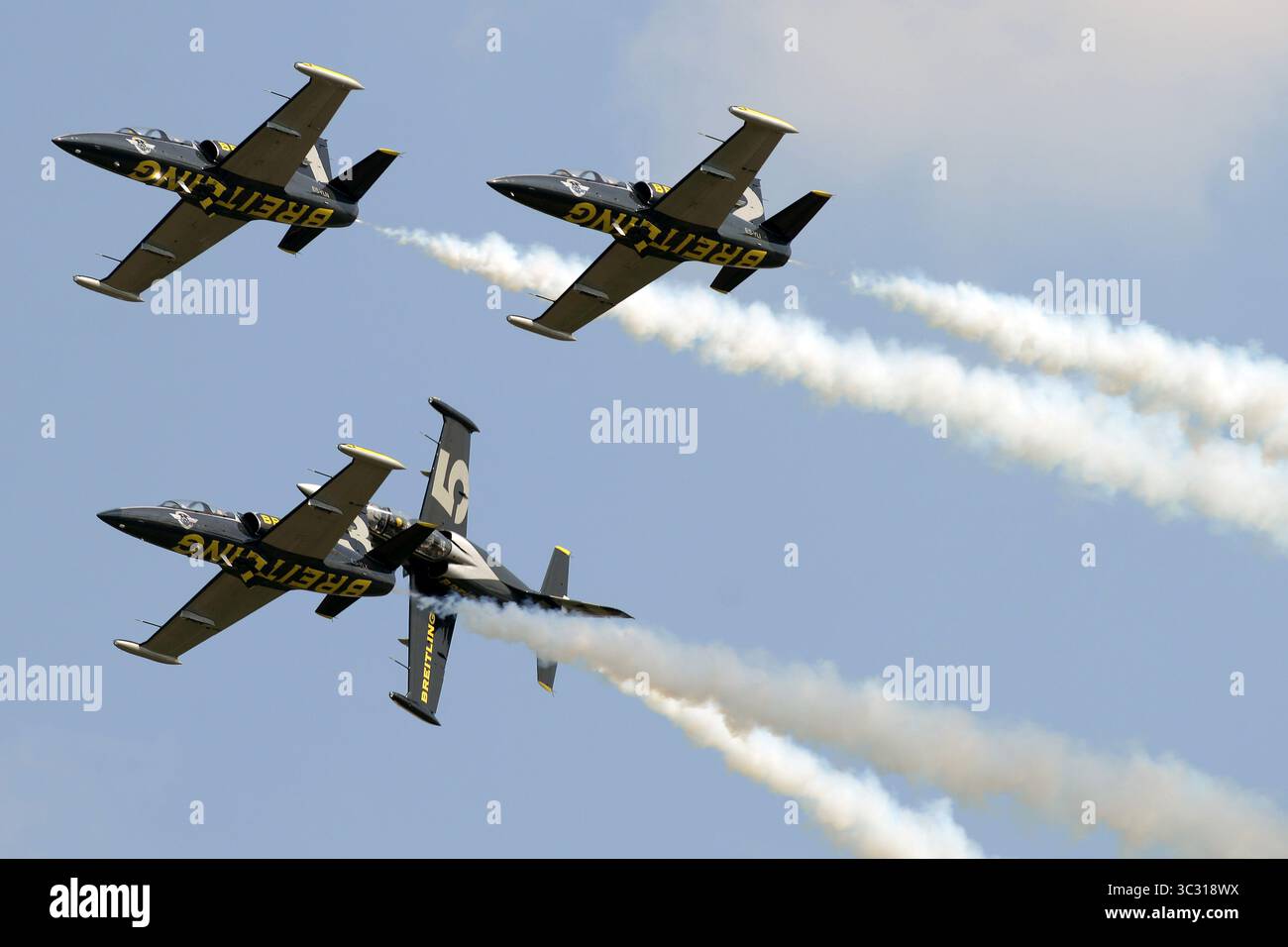 31 août 2019, Hradec Kralove, République Tchèque : Breitling Jet Acrobatic Team of France pendant le Czech International Air Fest à Hradec Kralove en République Tchèque... L'équipe Breitling Jet Team est la plus grande équipe civile d'exposition acrobatique en Europe. Basée à Dijon, en France, elle pilote huit avions tchèques Aero l-39 Albatros. (Crédit image : © Slavek Ruta/ZUMA Wire) Banque D'Images