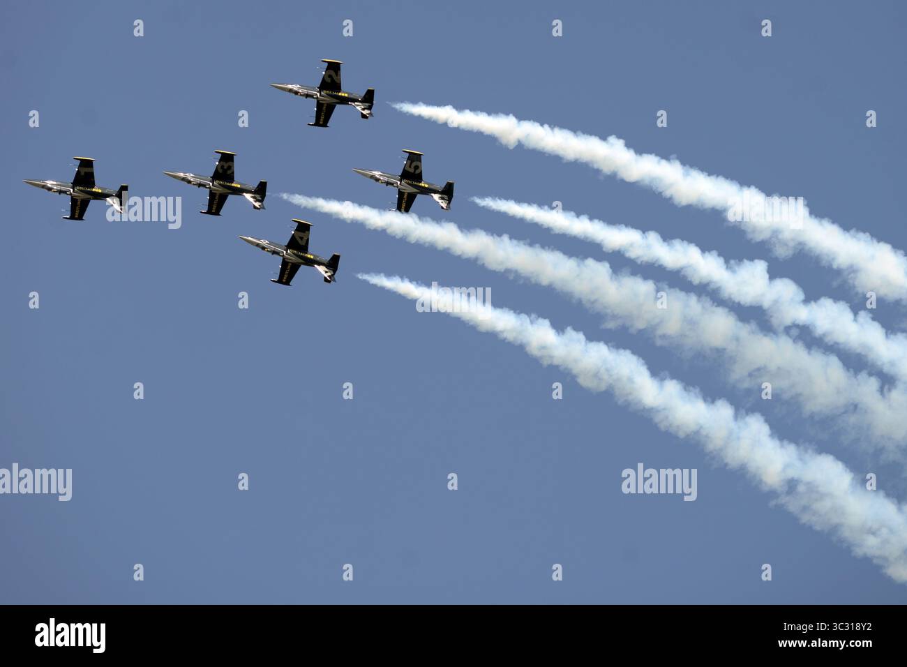 31 août 2019, Hradec Kralove, République Tchèque : Breitling Jet Acrobatic Team of France pendant le Czech International Air Fest à Hradec Kralove en République Tchèque... L'équipe Breitling Jet Team est la plus grande équipe civile d'exposition acrobatique en Europe. Basée à Dijon, en France, elle pilote huit avions tchèques Aero l-39 Albatros. (Crédit image : © Slavek Ruta/ZUMA Wire) Banque D'Images
