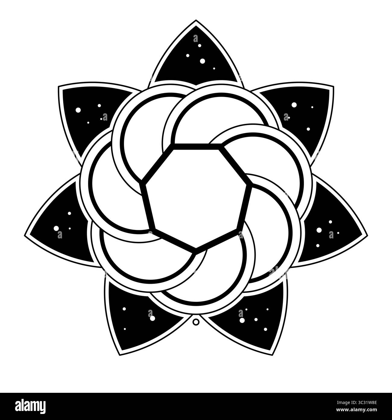 Étoile à sept branches, un motif de crop circle en forme de fleur, trouvé 2025 près de Turin en Italie. La forme d'une fleur avec sept pétales extérieurs. Banque D'Images