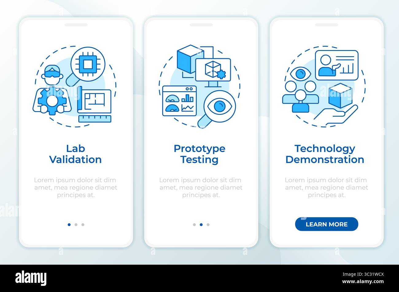 Niveaux de préparation technologique écran bleu de l'application mobile Onboarding Illustration de Vecteur