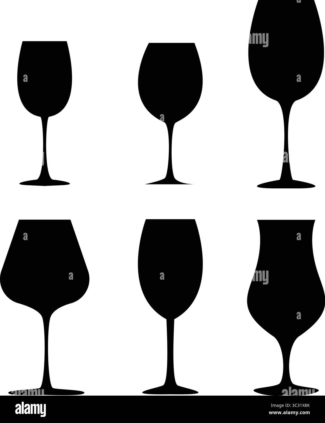 Verre à vin Silhouette Vector Set 6 types de verres à vin, illustration vectorielle. Illustration de Vecteur