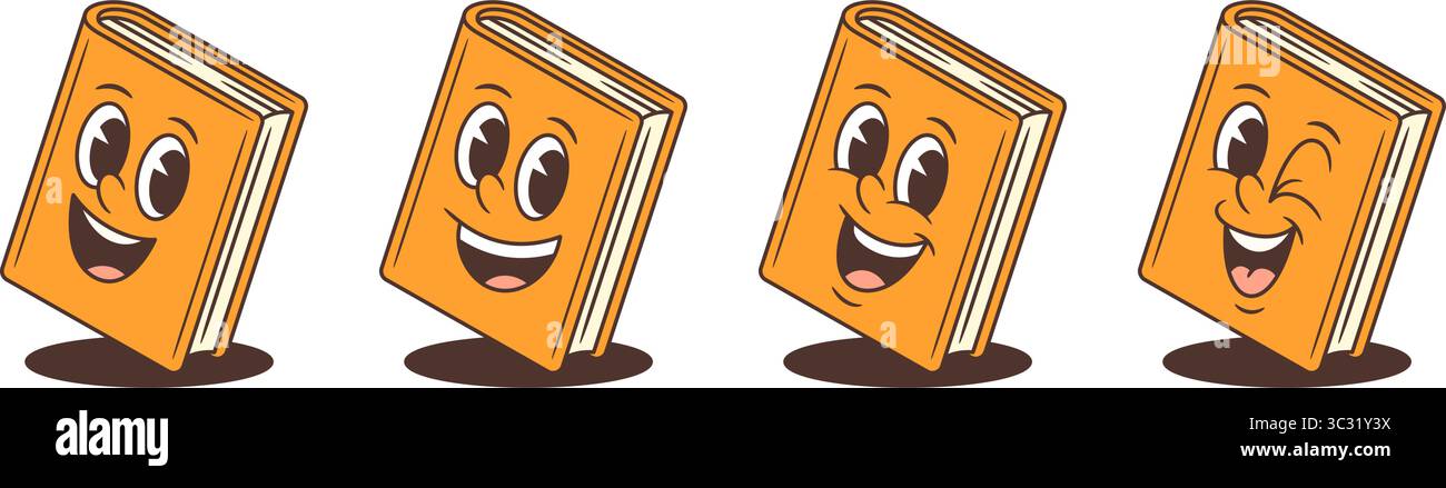 Ensemble de quatre mascottes de livre orange avec des expressions vivantes, telles que l'excitation, la joie, le rire et l'espiègle. Chaque personnage frappe une pose dynamique wi Illustration de Vecteur