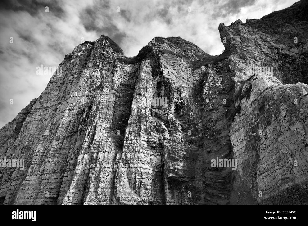 Falaise, falaises, paysage côtier, formation rocheuse, ciel nuageux, noir et blanc, Yport, falaises de craie, côte d'albâtre, la Cote d'Albatre, Normandie, se Banque D'Images