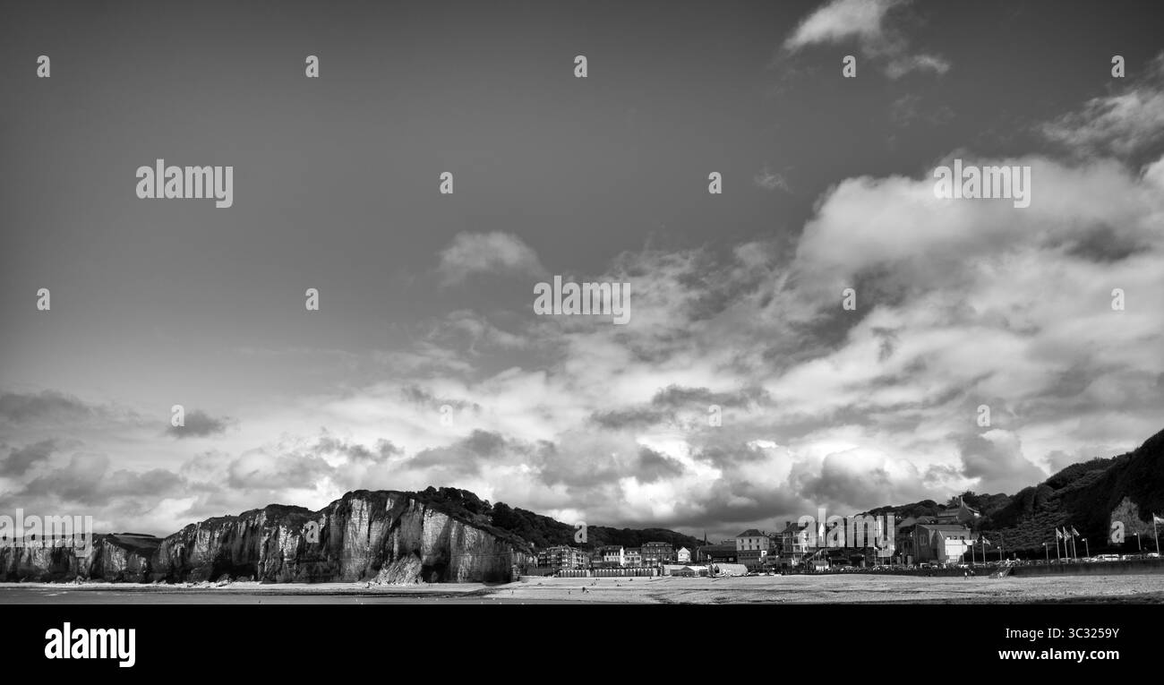 Falaise, falaises, paysage côtier, formation rocheuse, noir et blanc, Yport, falaises de craie, côte d'albâtre, la Côte d'Albatre, Normandie, Seine-maritime Banque D'Images