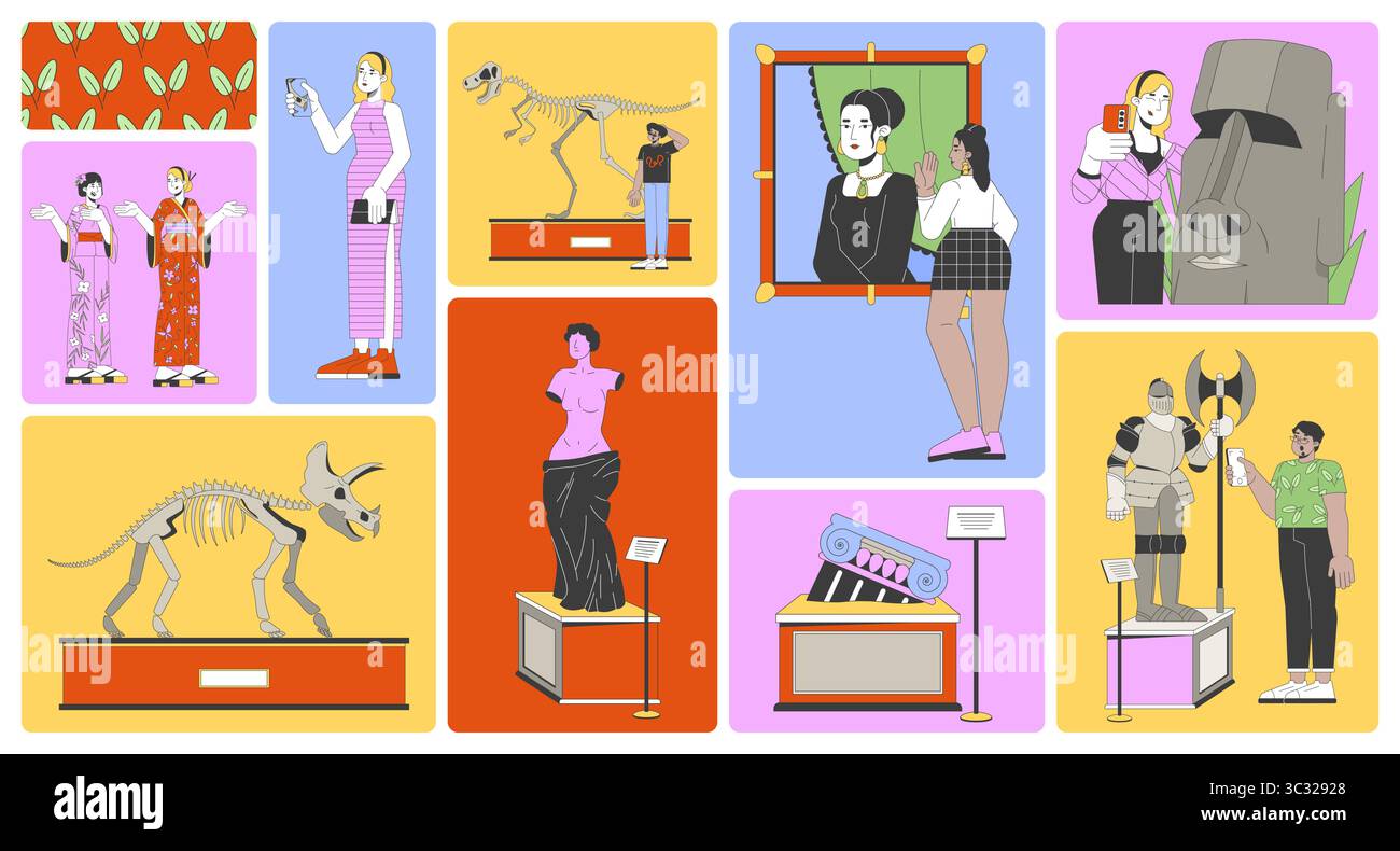 Les visiteurs modernes explorant le musée exposent un ensemble d'illustrations de grille bento Illustration de Vecteur