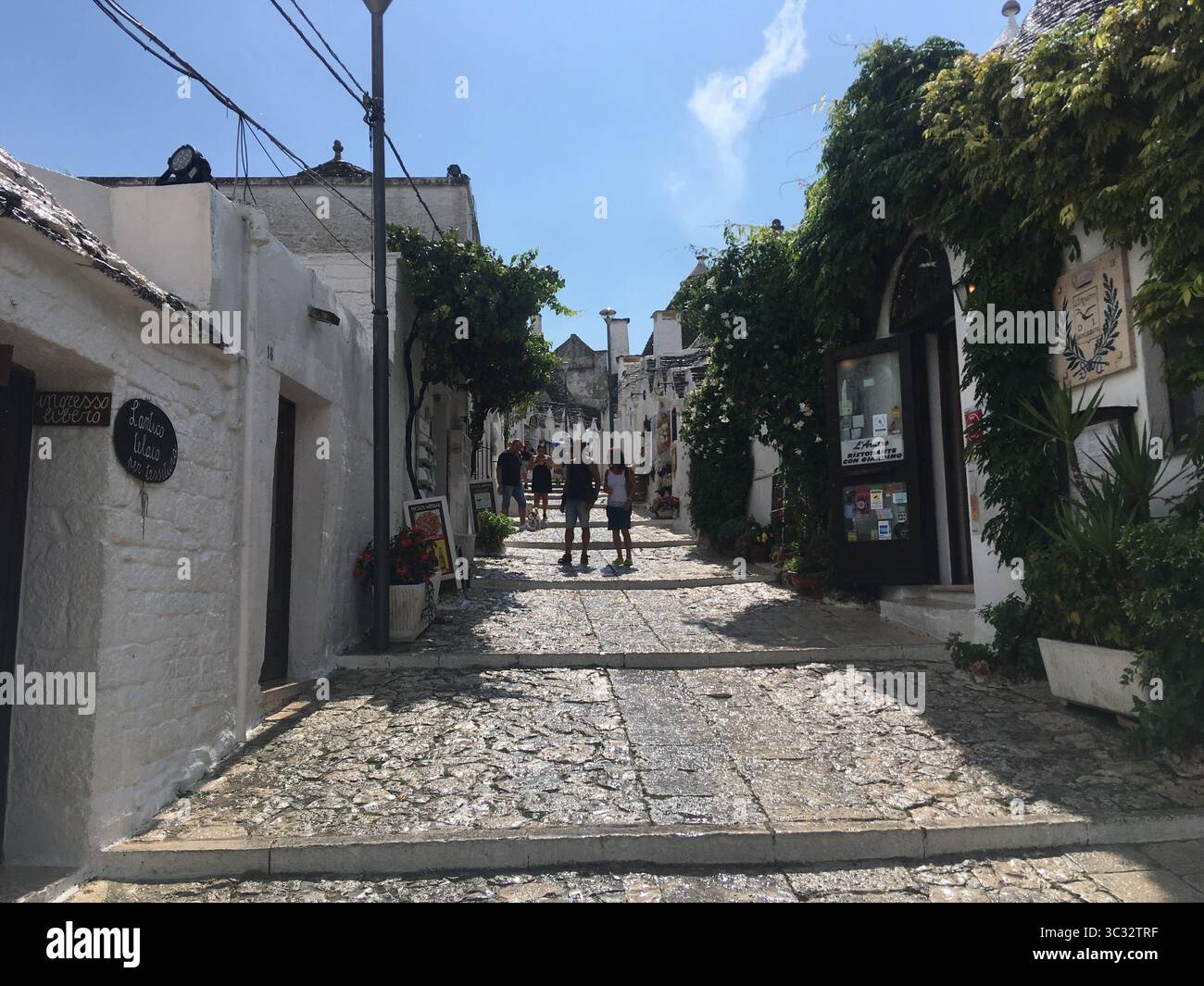 Trulli emblématique blanchi à la chaux d'Alberobello avec des toits coniques en pierre, regroupés dans des ruelles étroites sous la lumière du soleil des Pouilles et le charme historique. Banque D'Images