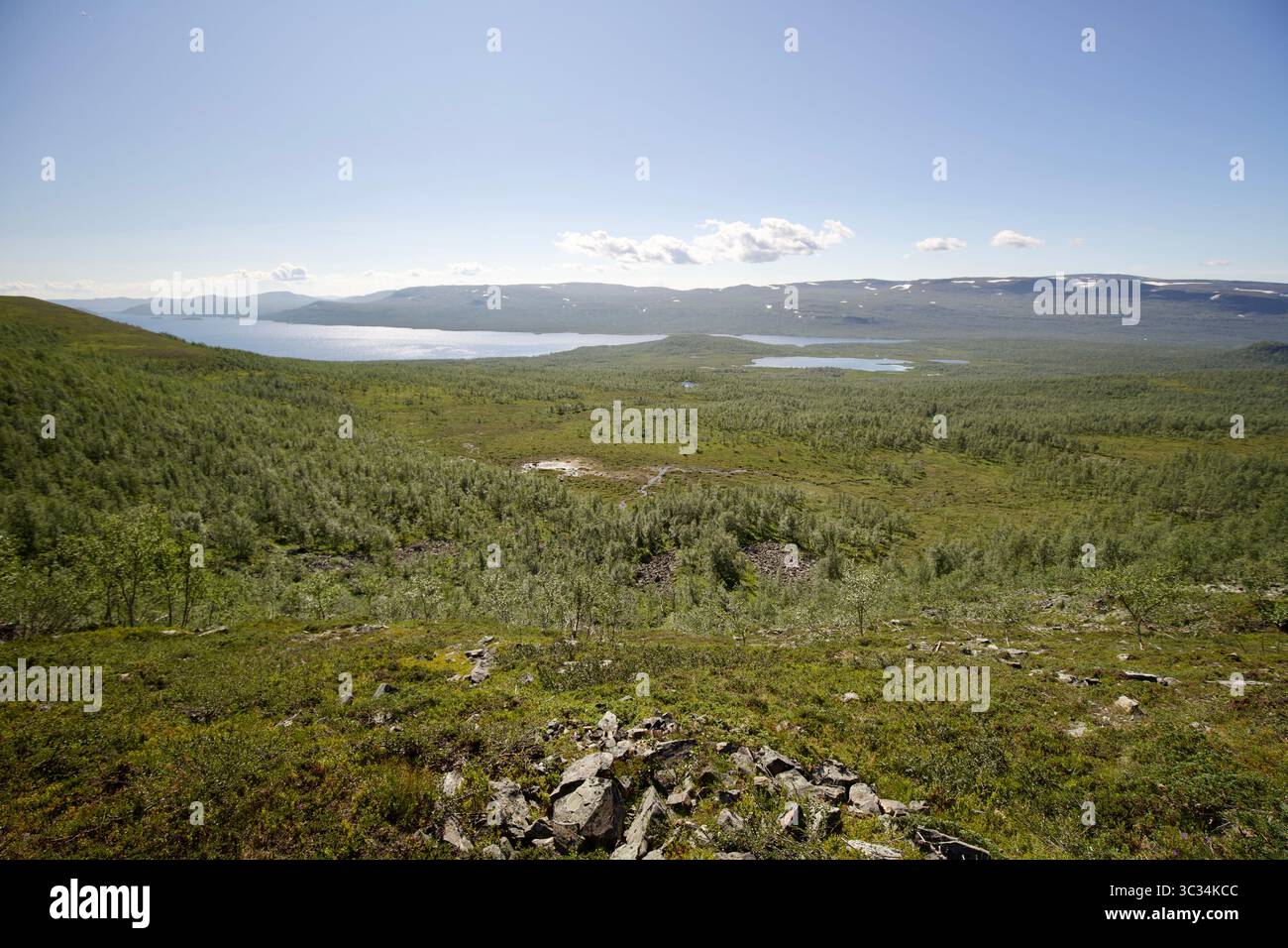 Beau paysage naturel dans les montagnes à un lac en Laponie sur une journée d'été ensoleillée Banque D'Images