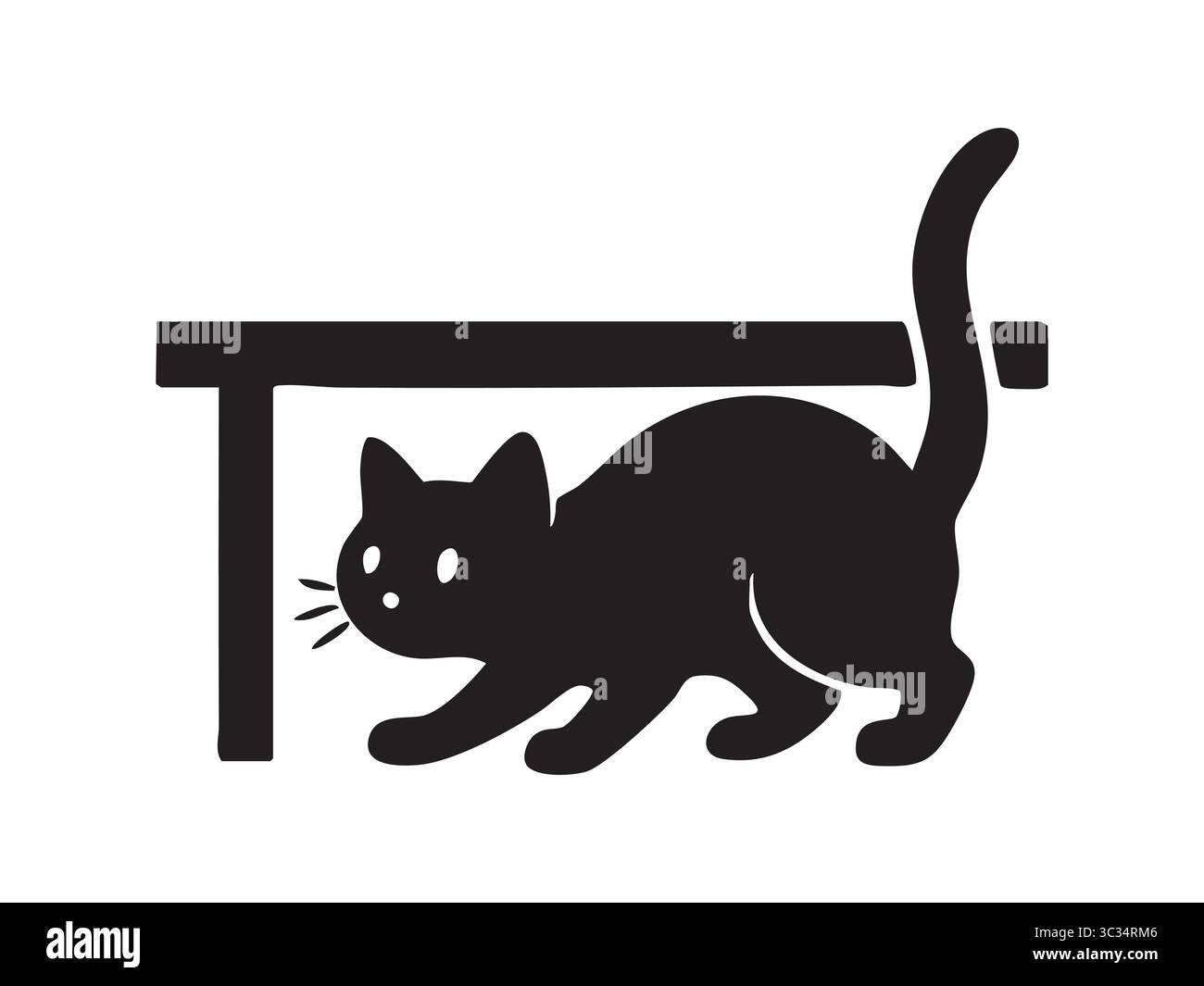 Silhouette noire de chat sous table, isolée sur fond blanc, illustration graphique. concept d'animal de compagnie, chaton curieux, animal domestique, icône, logo, Illustration de Vecteur