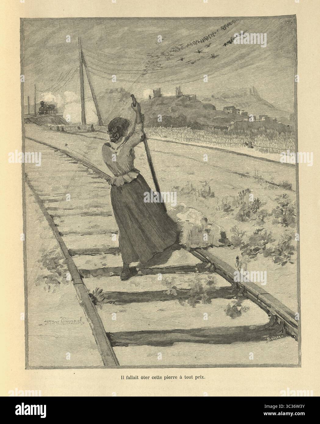 Femme essayant d'empêcher un accident de train, enlevant le rocher de la voie, français, illustration vintage 19ème siècle Banque D'Images