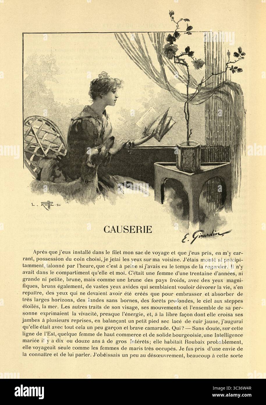 Jeune femme assise à la fenêtre lisant un livre, victorien, français, illustration Vintage XIXe siècle Banque D'Images