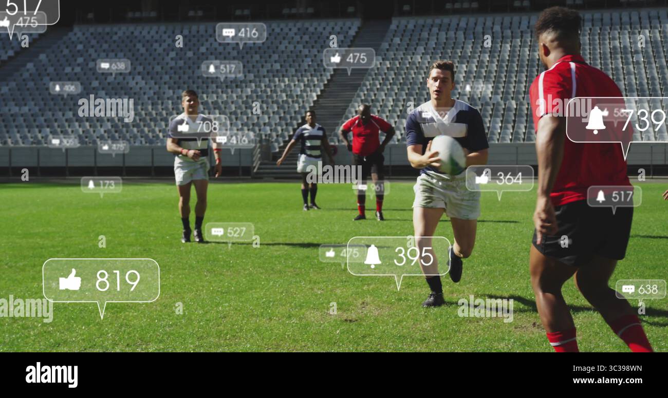 Joueur de rugby en cours d'exécution portant un maillot tenant une balle blanche au stade, avec des icônes de réaction Banque D'Images Joueur de rugby en cours d'exécution portant un maillot tenant une balle blanche au stade, avec des icônes de réaction Banque D'Images