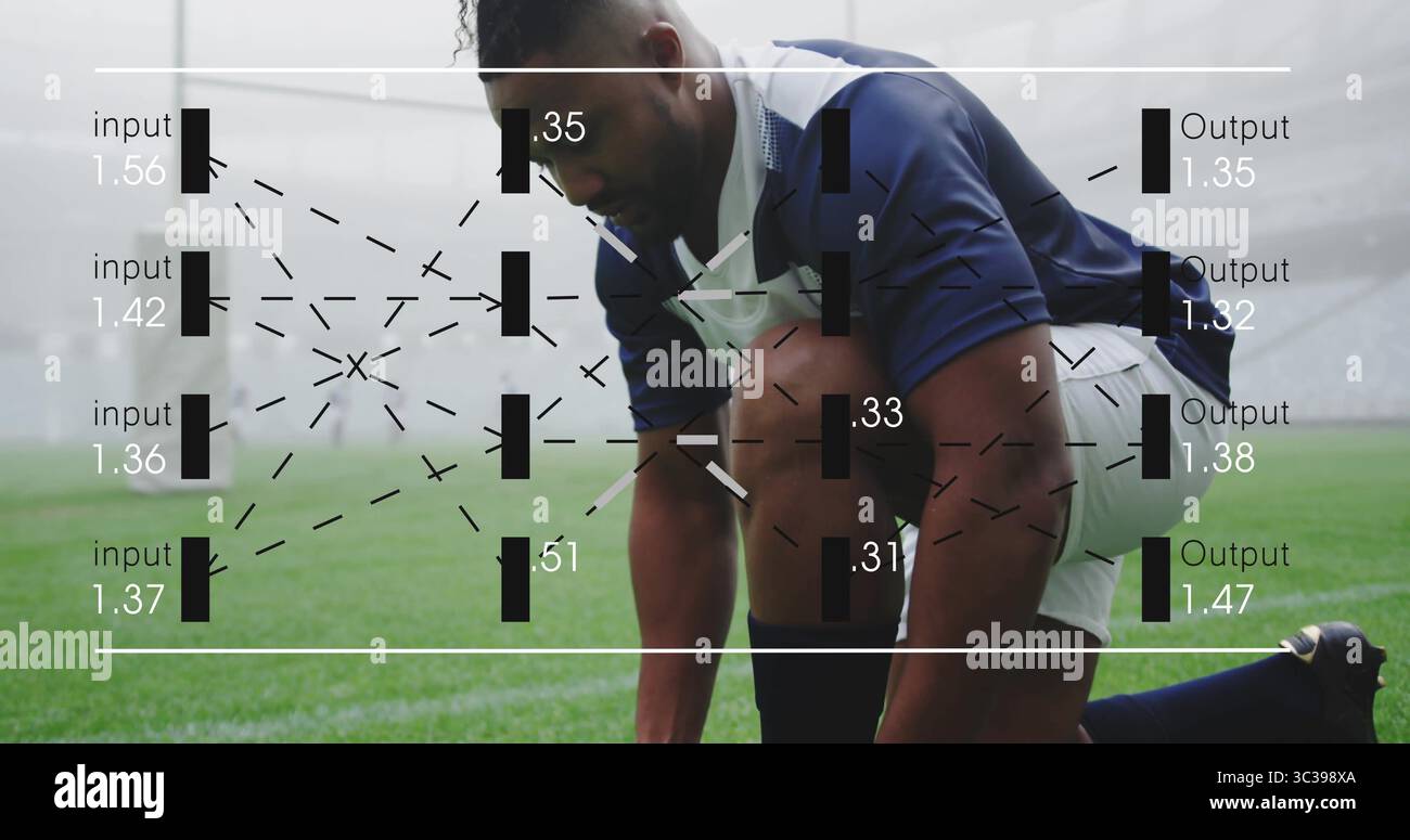 Athlète portant un maillot, un short blanc agenouillé sur le gazon du stade avec recouvrement graphique à réseau neuronal Banque D'Images Athlète portant un maillot, un short blanc agenouillé sur le gazon du stade avec recouvrement graphique à réseau neuronal Banque D'Images