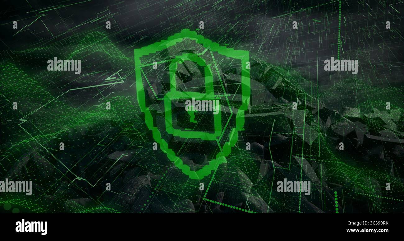 Bouclier pixelisé vert brillant montrant l'icône de cadenas planant dans la cyber-grille avec des flux de données néon Banque D'Images Bouclier pixelisé vert brillant montrant l'icône de cadenas planant dans la cyber-grille avec des flux de données néon Banque D'Images