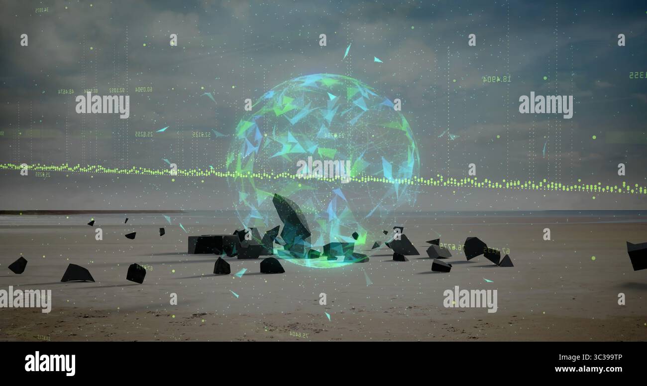 Sphère holographique flottante se déplaçant au-dessus d'une plage de sable, avec des fragments dispersés et des superpositions de données Banque D'Images Sphère holographique flottante se déplaçant au-dessus d'une plage de sable, avec des fragments dispersés et des superpositions de données Banque D'Images
