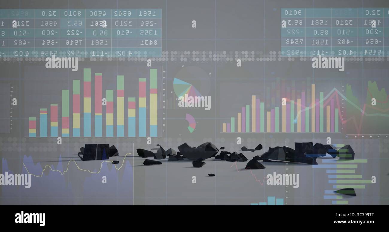 Affichage de fragments noirs brisés dispersés sur le sol du studio, avec des graphiques et des tableaux translucides Banque D'Images