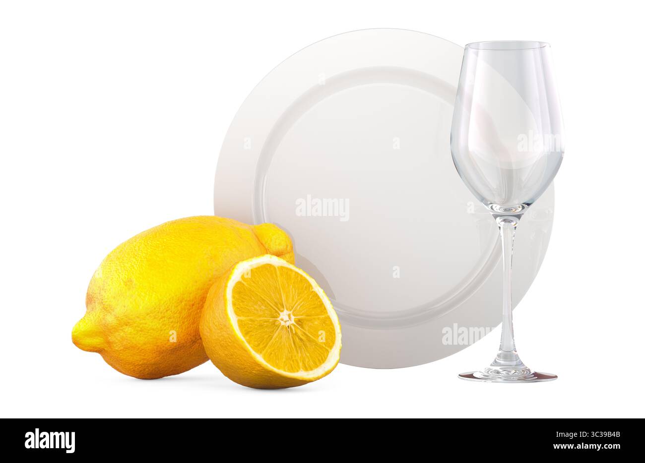 Assiette et verre à vin avec citrons. Rendu 3D isolé sur fond blanc Banque D'Images