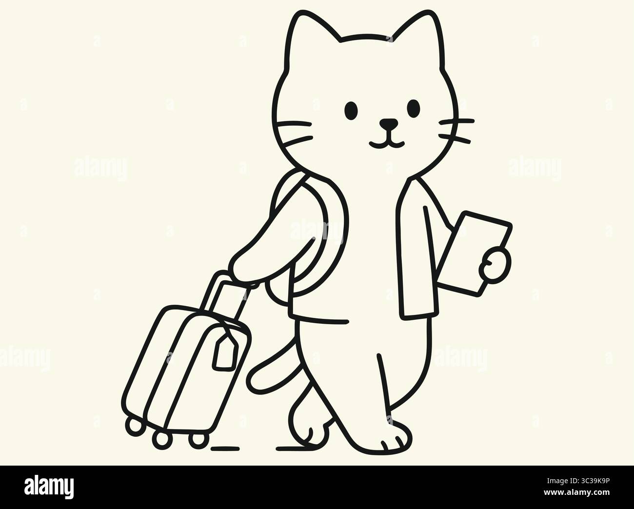 Minimalist Line Art Cat voyageant avec valise et passeport Illustration de Vecteur