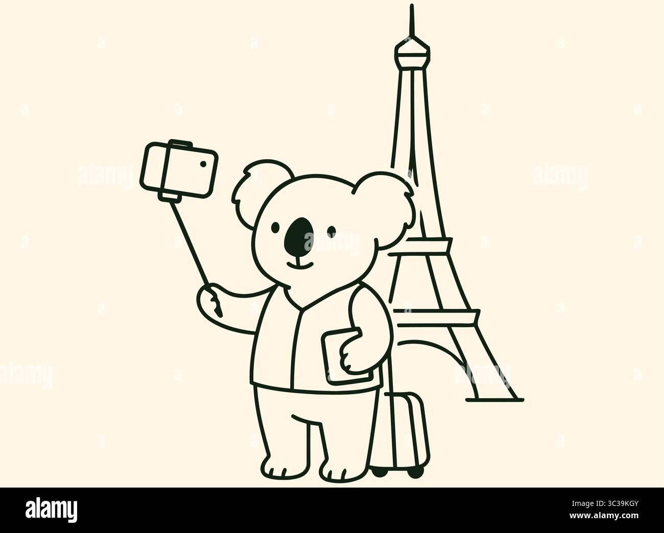 Cute Koala Tourist à la Tour Eiffel Paris Travel Line Art illustration Illustration de Vecteur