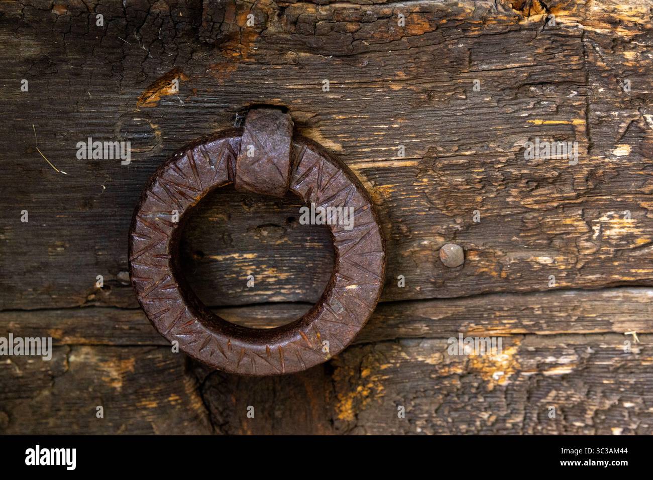 Image en gros plan d'un frappeur de porte en fer vintage fixé sur une surface en bois altérée et fissurée. Banque D'Images