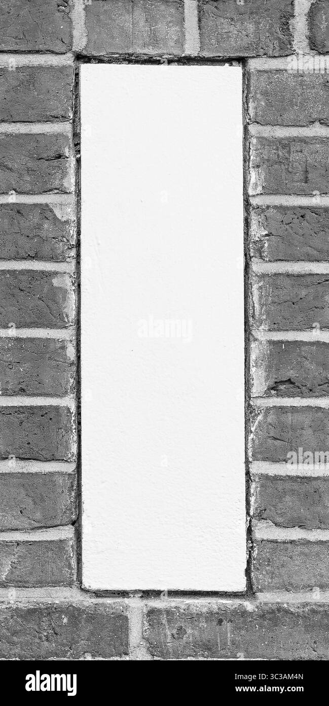 Gros plan d'un rectangle de plâtre blanc centré encastré dans un mur de briques noires et blanches. Banque D'Images Gros plan d'un rectangle de plâtre blanc centré encastré dans un mur de briques noires et blanches. Banque D'Images