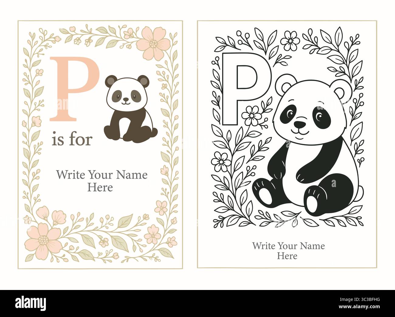 P est pour Panda Editable Name Poster Coloring page | Floral animal Alphabet Series Illustration de Vecteur