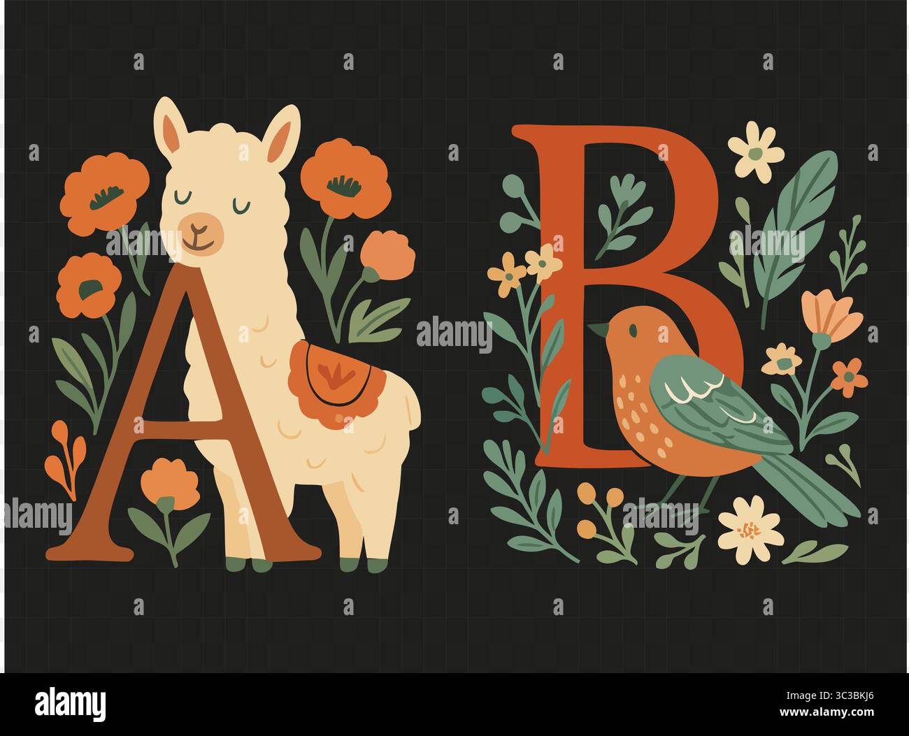Floral Alphabet animal Series A pour Alpaga & B pour oiseau | Folk Nursery Letter Clipart Illustration de Vecteur