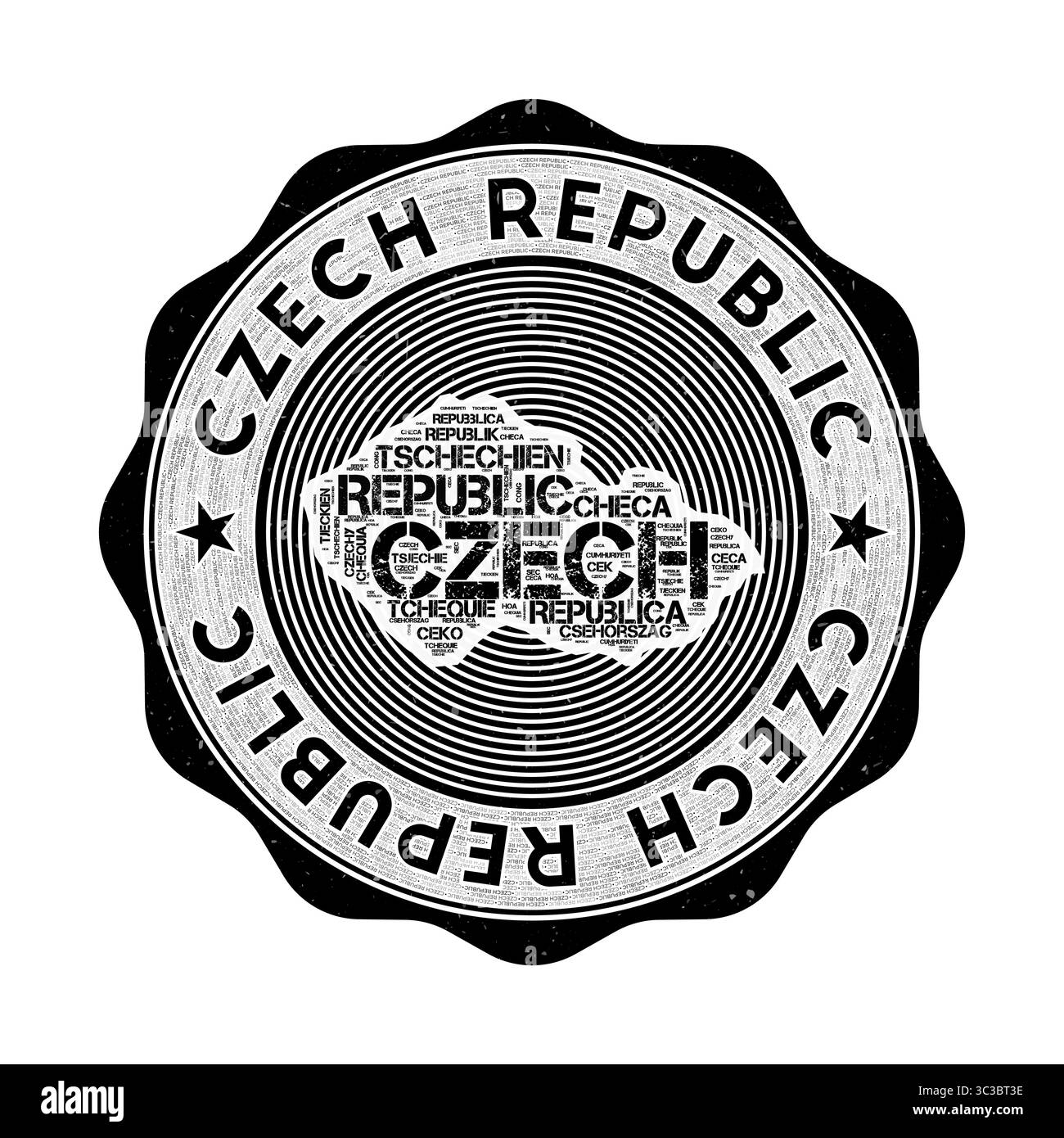 Sceau de la République tchèque. Logo rond de pays avec la forme de la République tchèque et le nom du pays dans plusieurs langues nuage de mots. Emblème génial. Illustration de Vecteur