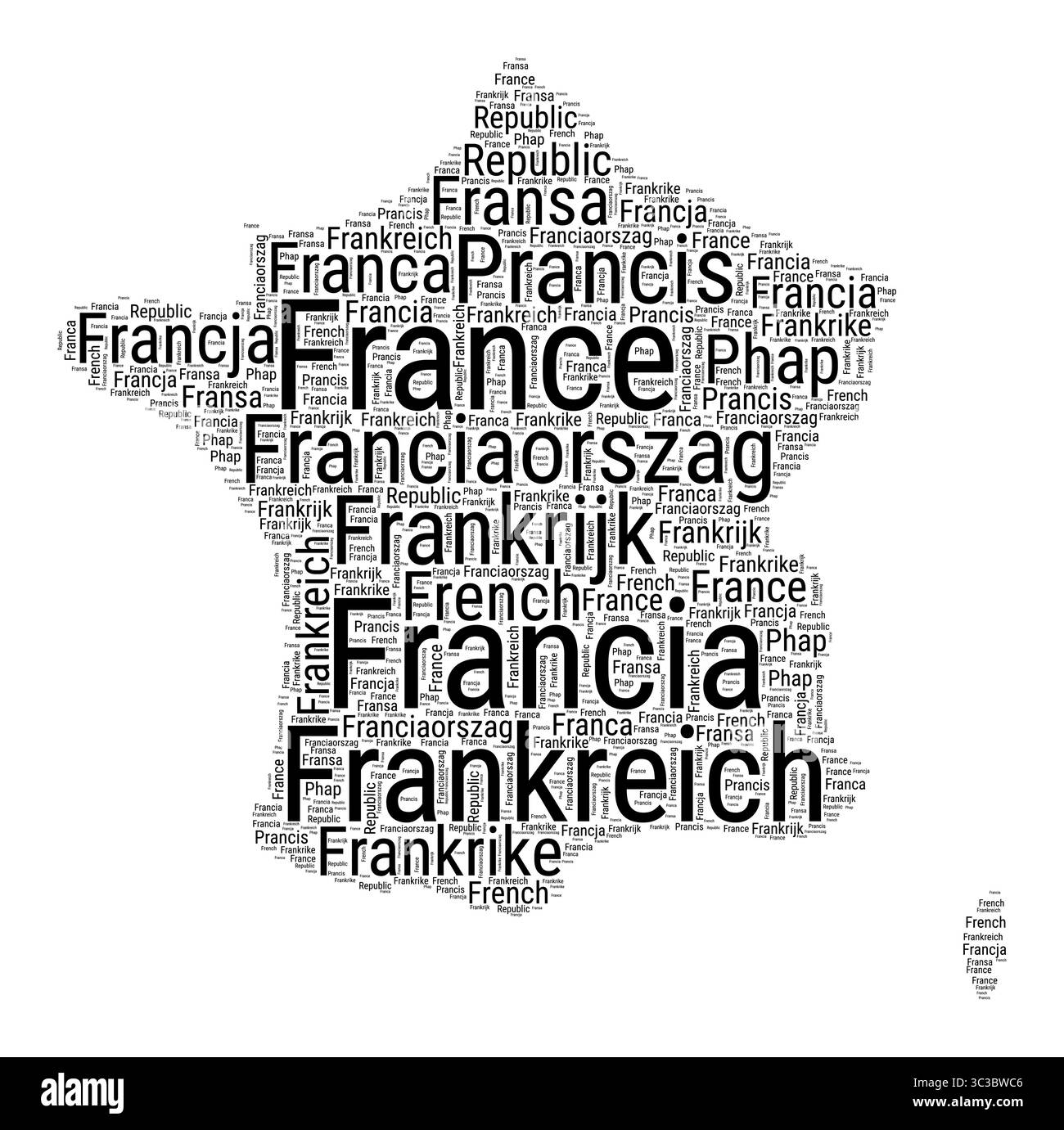 Nuage de mots noir et blanc en forme de France. Illustration de pays de style typographique simple. Nuage de texte noir de France simple sur fond blanc. Illustration de Vecteur