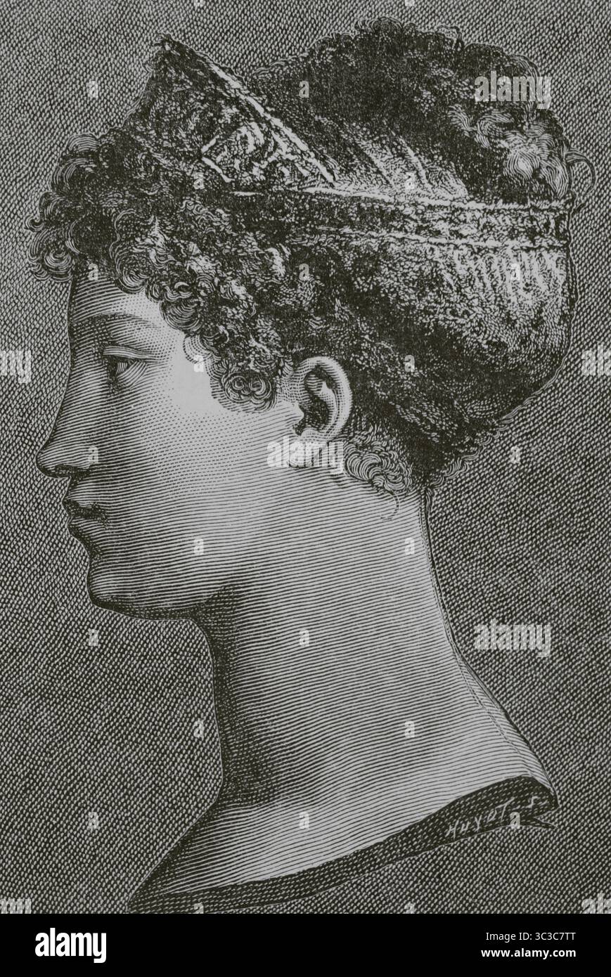 Marie Louise (1791-1847) Archiduchesse d'Autriche, princesse de Hongrie et de Bohême. Impératrice de France (1810-1814) deuxième épouse de Napoléon Bonaparte. Portrait de l'impératrice Marie Louise, d'après Pierre-Paul Prud'hon (1758-1823), v. 1810. Gravure par Huyot. Directoire, Consulat et Empire. Moeurs et usages, lettres, sciences et arts. France, 1795-1815” (Annuaire, Consulat et Empire de France. Coutumes et traditions, lettres, sciences et art. France, 1795-1815), de Paul Lacroix. Publié à Paris, 1884. Banque D'Images