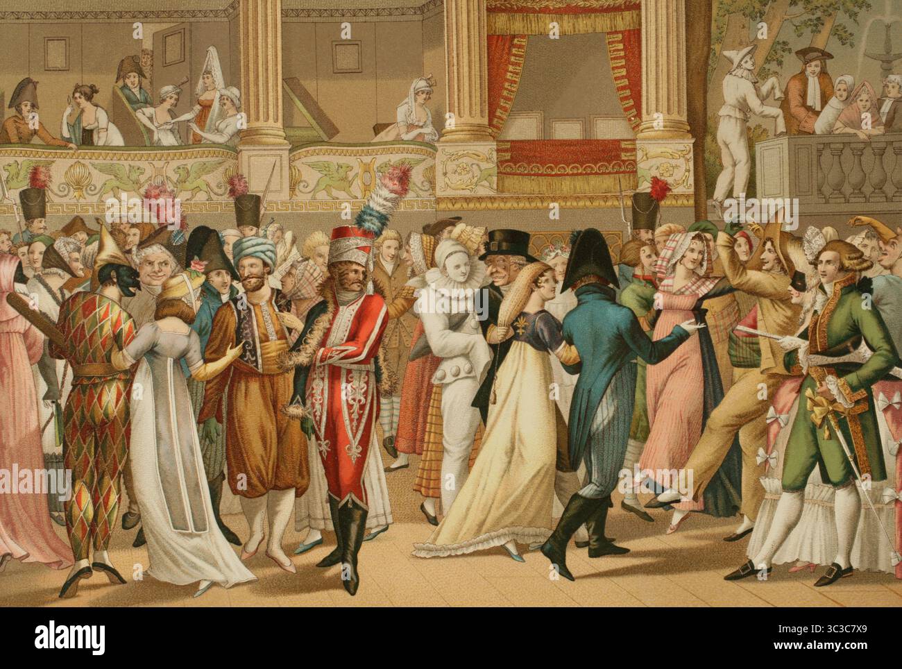 France. Bal costumé à l'Opéra, 1804. Illustration d'après Jean François Bosio (1764-1827). Lithographie de Gaulard. Chromolithographie. Directoire, Consulat et Empire. Moeurs et usages, lettres, sciences et arts. France, 1795-1815” (Annuaire, Consulat et Empire de France. Coutumes et traditions, lettres, sciences et art. France, 1795-1815), de Paul Lacroix. Publié à Paris, 1884. Banque D'Images