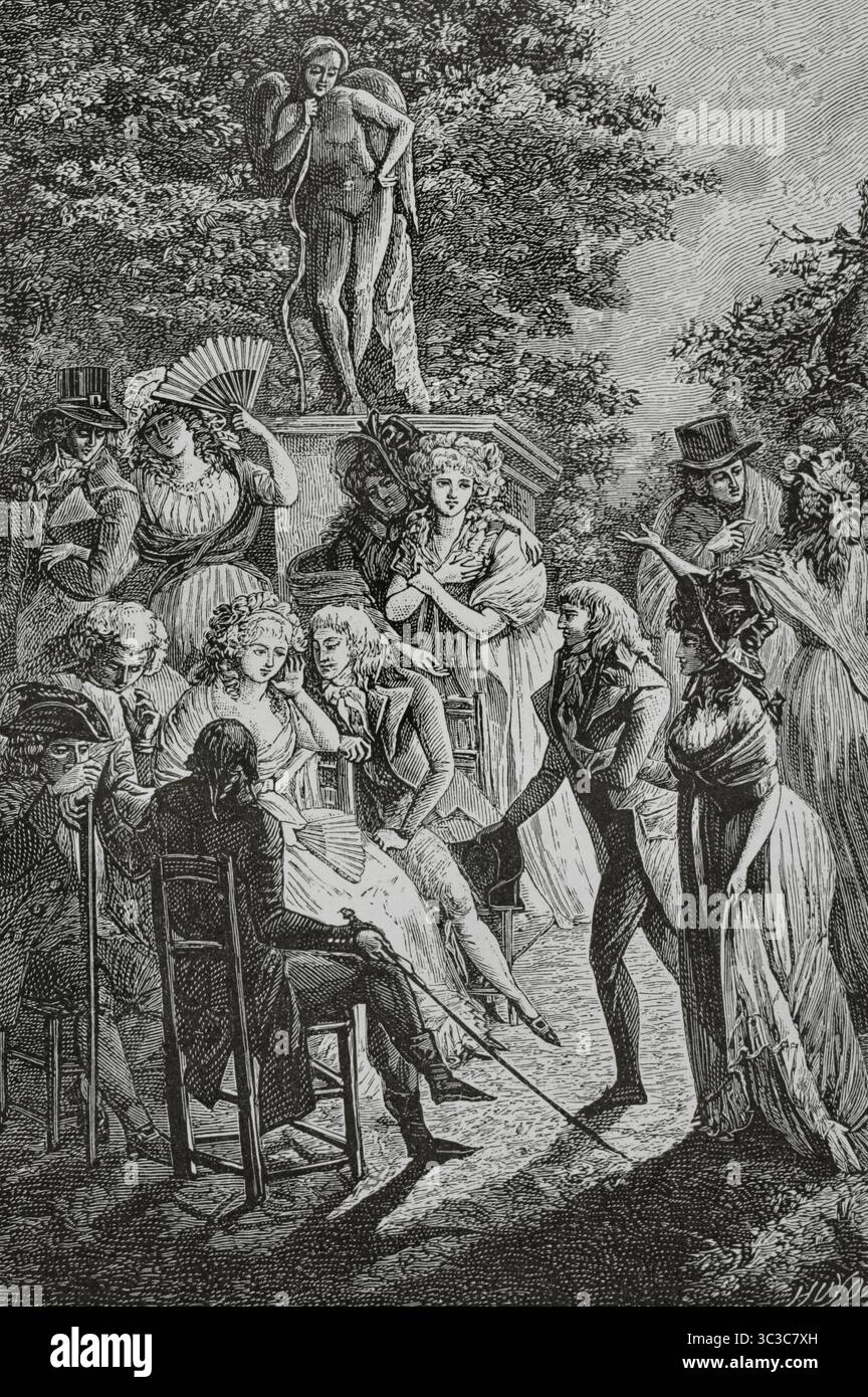 Germaine de Staël (Anne Louise Germaine de Staël-Holstein) (1766-1817), dite Madame de Staël. Philosophe franco-suisse, femme de lettres et théoricienne politique. Discours de Madame de Staël adressé à son groupe Coppet. Gravure de Huyot d'après Philibert-Louis Debucourt (1755-1832), c. 1800. Directoire, Consulat et Empire. Moeurs et usages, lettres, sciences et arts. France, 1795-1815” (Annuaire, Consulat et Empire de France. Coutumes et traditions, lettres, sciences et art. France, 1795-1815), de Paul Lacroix. Publié à Paris, 1884. Banque D'Images