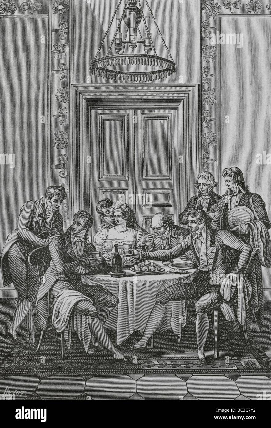 Les gens mangeant un repas à une table de dîner. Scène tirée du deuxième canto du poème 'la conversation', de Jacques Delille (1783-1813) en 1812. Gravure de Huyot d'après une illustration de Sébastien Leroy, gravée par P. Baquoy (1759-1829). Directoire, Consulat et Empire. Moeurs et usages, lettres, sciences et arts. France, 1795-1815” (Annuaire, Consulat et Empire de France. Coutumes et traditions, lettres, sciences et art. France, 1795-1815), de Paul Lacroix. Publié à Paris, 1884. Banque D'Images