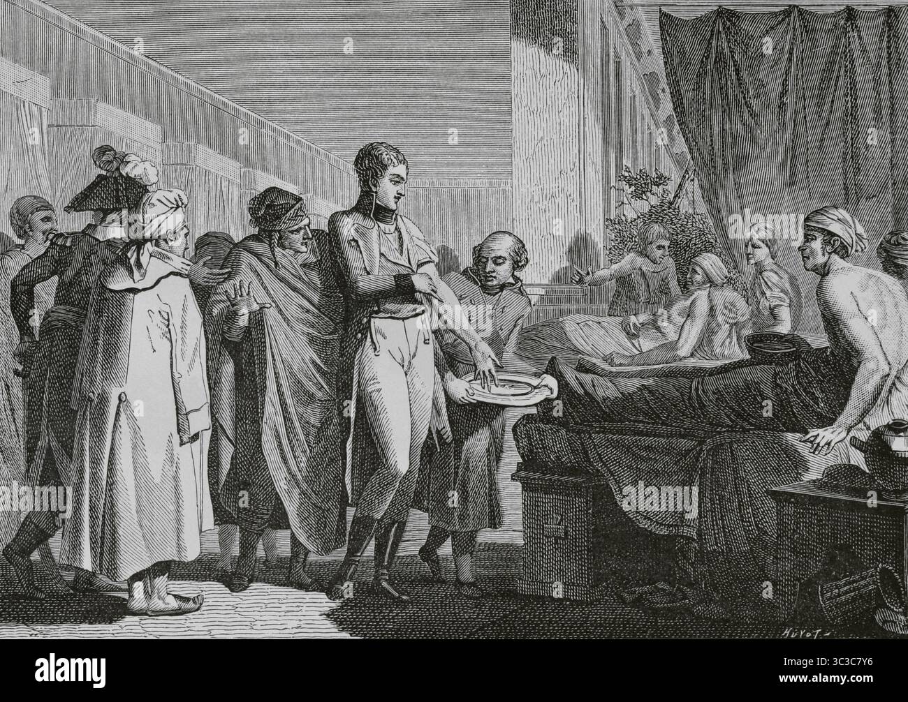 René-Nicolas Dufriche (1762-1837), baron Desgenettes. Médecin militaire français. Médecin-chef de l'armée française en Italie, vers 1794, et en Egypte en 1798. Aussi à Waterloo. Il tomba en disgrâce après la restauration de Louis XVIIème Desgenettes soignant malades et blessés en Egypte, donnant son sang pour l'armée égyptienne. Gravure par Huyot. Directoire, Consulat et Empire. Moeurs et usages, lettres, sciences et arts. France, 1795-1815” (Annuaire, Consulat et Empire de France. Coutumes et traditions, lettres, sciences et art. France, 1795-1815), de Paul Lacroix. Publié à Paris, 1884 Banque D'Images