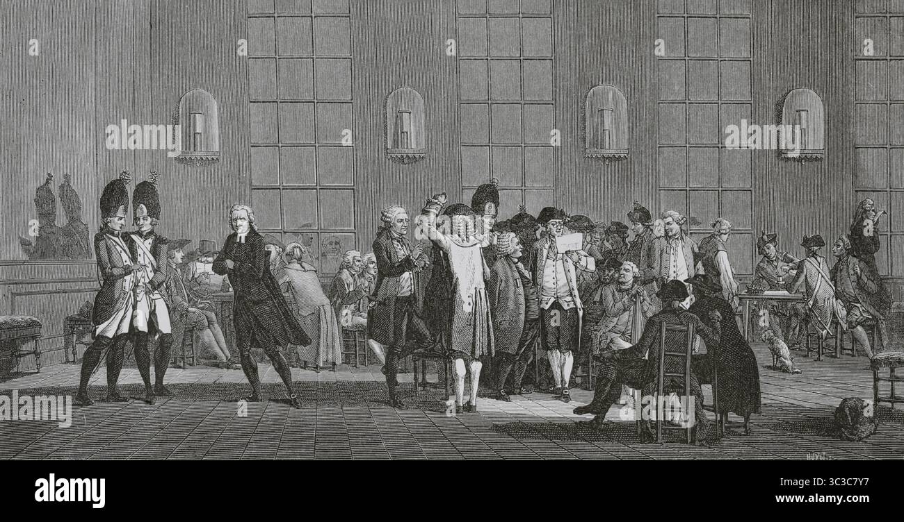 'Caffeé des Patriotes', rue Saint-Honoré à Paris, France. Un lieu de rencontre pendant la Révolution française, où les citoyens discutaient et débattaient des événements politiques. Il était situé près du club Jacobin. Gravure de Huyot d'après une illustration de Jacques François Joseph Swebach-Desfontaines (1769-1823), gravée par Jean-Baptiste Morret (fl. 1789-1820), 1792. Directoire, Consulat et Empire. Moeurs et usages, lettres, sciences et arts. France, 1795-1815” (Annuaire, Consulat et Empire de France. Coutumes et traditions, lettres, sciences et art. France, 1795-181 Banque D'Images 'Caffeé des Patriotes', rue Saint-Honoré à Paris, France. Un lieu de rencontre pendant la Révolution française, où les citoyens discutaient et débattaient des événements politiques. Il était situé près du club Jacobin. Gravure de Huyot d'après une illustration de Jacques François Joseph Swebach-Desfontaines (1769-1823), gravée par Jean-Baptiste Morret (fl. 1789-1820), 1792. Directoire, Consulat et Empire. Moeurs et usages, lettres, sciences et arts. France, 1795-1815” (Annuaire, Consulat et Empire de France. Coutumes et traditions, lettres, sciences et art. France, 1795-181 Banque D'Images