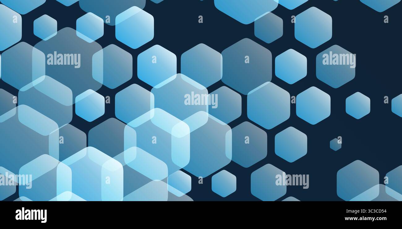 Beaucoup d'hexagones transparents bleus sur un fond sombre. Un design géométrique qui crée un look moderne et abstrait, parfait pour les arrière-plans et l'art numérique Illustration de Vecteur