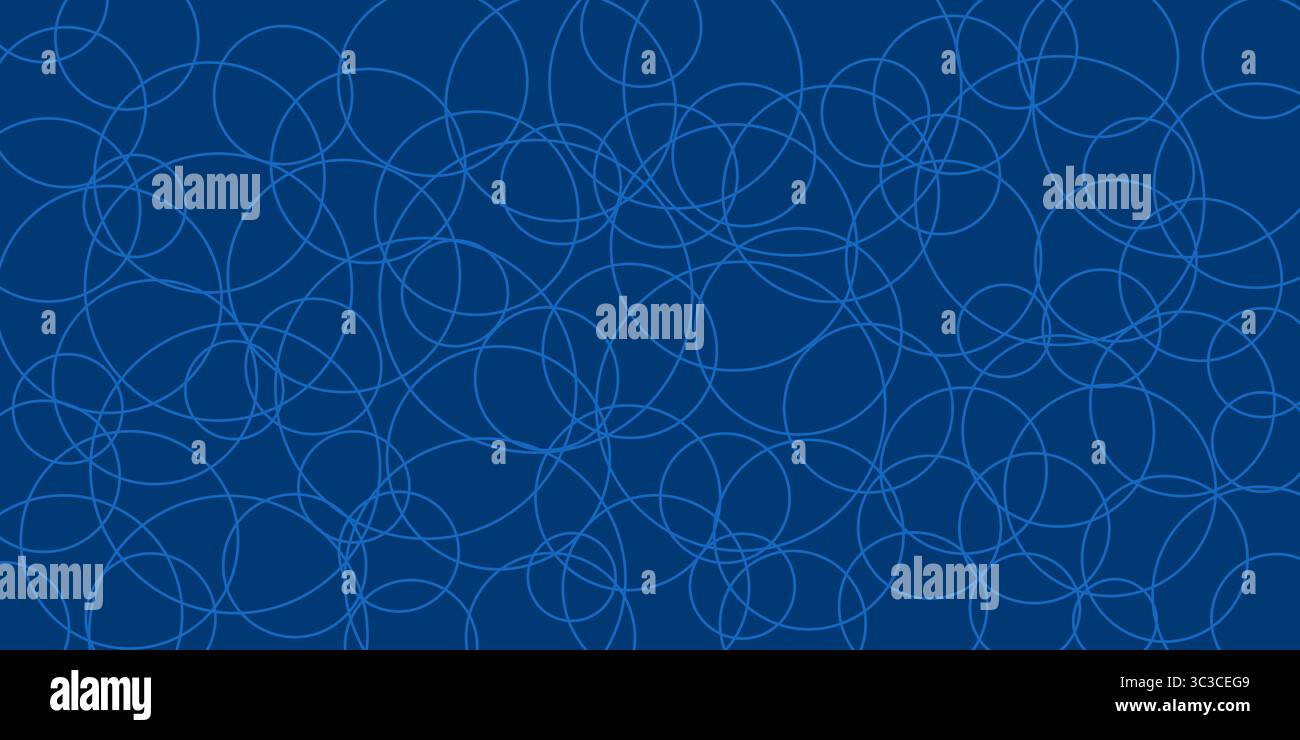 Un fond abstrait bleu présente des cercles interconnectés, formant un motif géométrique dynamique. Les formes répétitives et la couleur uniforme créent un visu Illustration de Vecteur