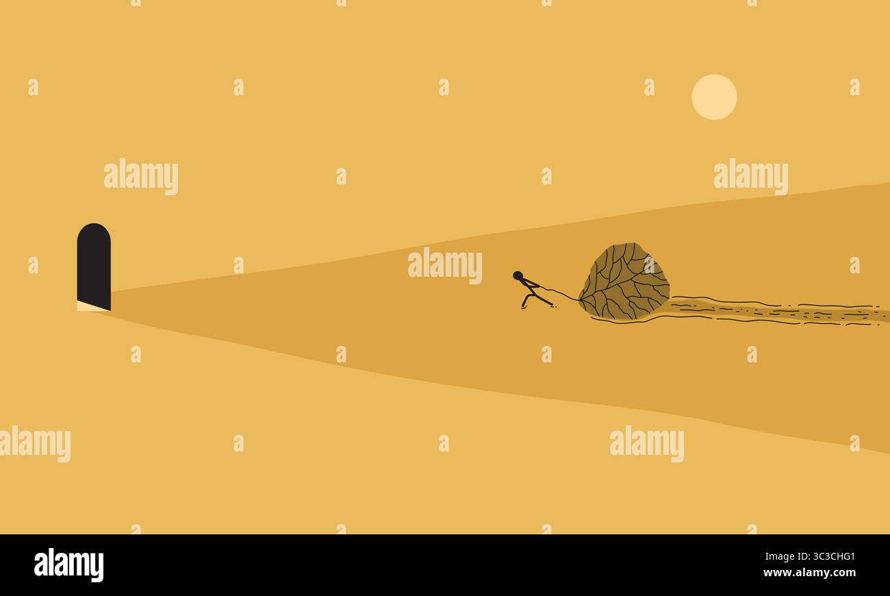 Illustration minimaliste d'un homme tirant un grand rocher vers une porte dans le désert. Illustration symbolique de la lutte, du voyage, du travail acharné Illustration de Vecteur Illustration minimaliste d'un homme tirant un grand rocher vers une porte dans le désert. Illustration symbolique de la lutte, du voyage, du travail acharné Illustration de Vecteur