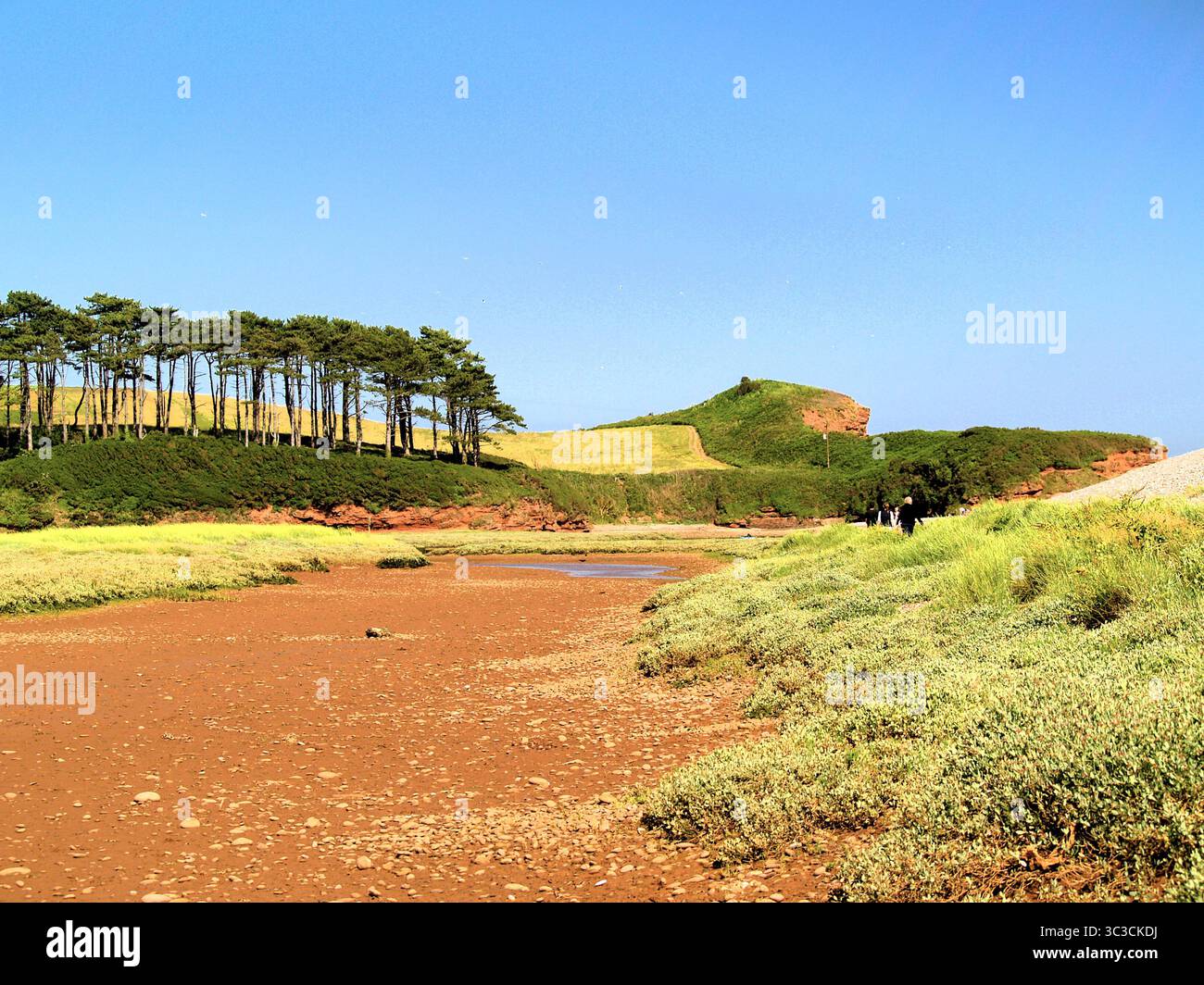 Budleigh Salterton et le sentier de la côte sud-ouest près de la rivière Otter rejoignant la mer où se trouvent les falaises de grès rouge du Trias Banque D'Images