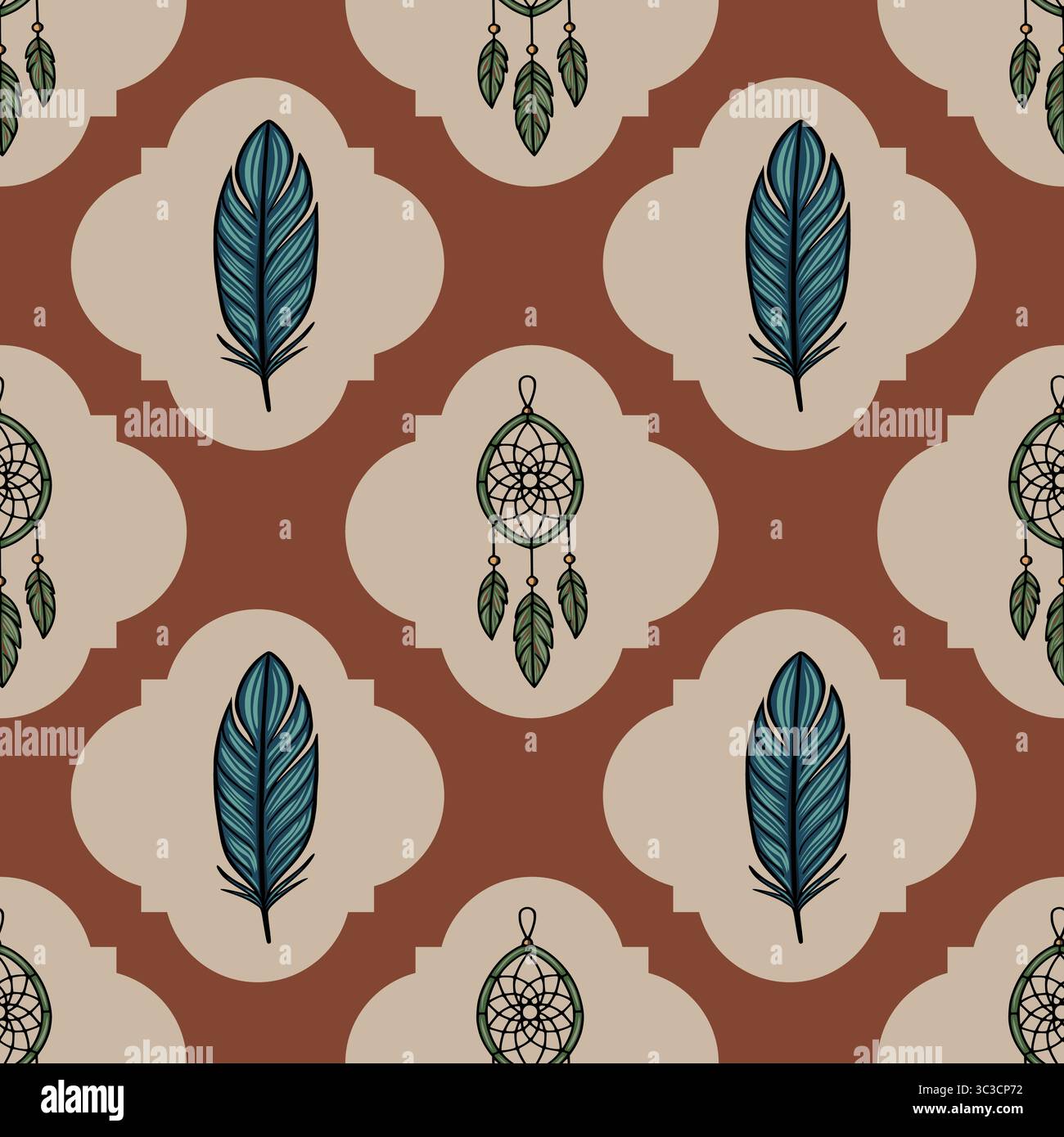 Motif vectoriel sans couture avec plumes de sarcelle et capteurs de rêves dans une palette de couleurs terre cuite et beige, avec un élément de design quatrefoil unique. Illustration de Vecteur