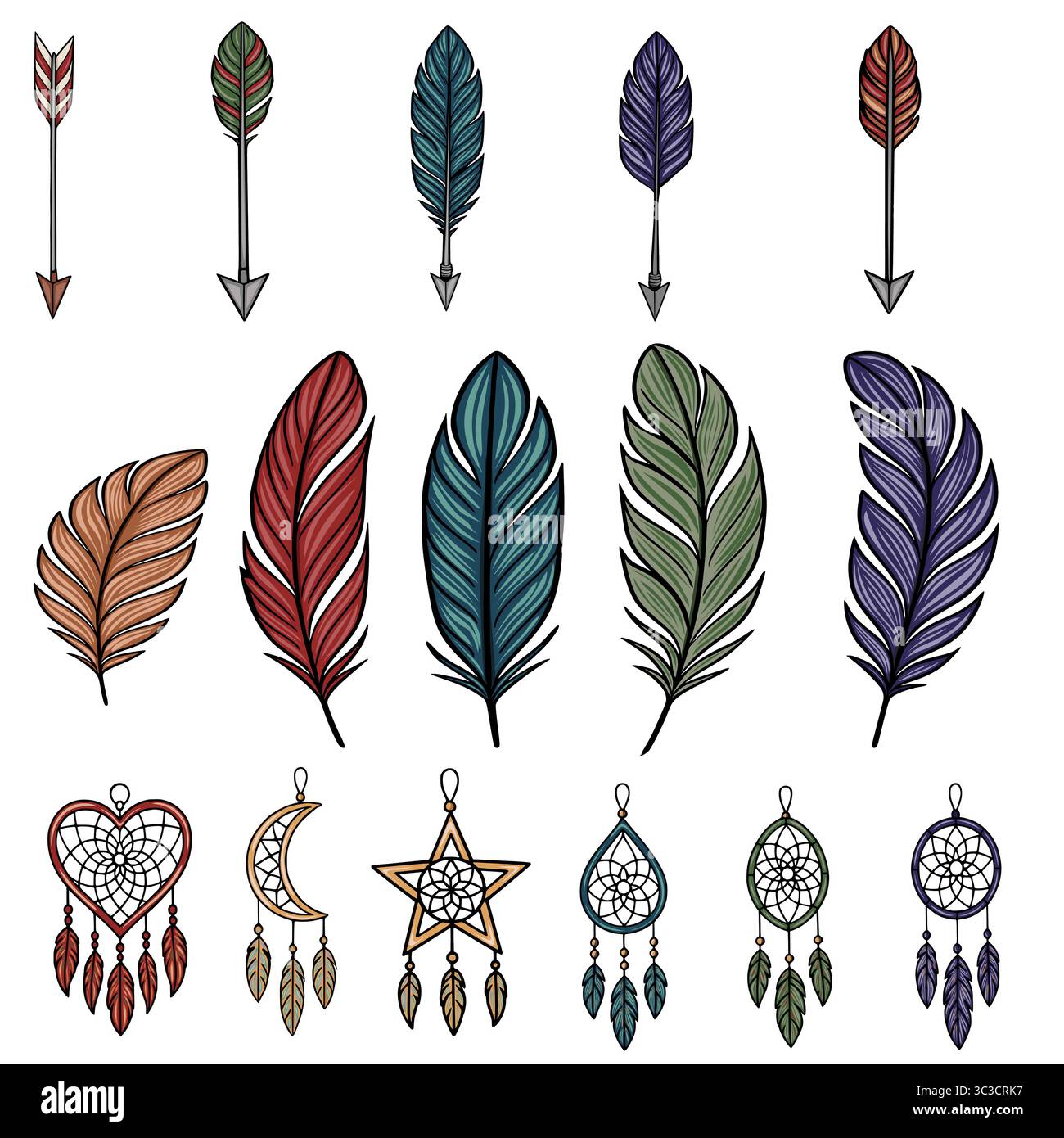 Collection d'illustrations vectorielles : flèches décorées de plumes et de capteurs de rêves de différentes formes et couleurs, parfaites pour les conceptions de style boho. Illustration de Vecteur