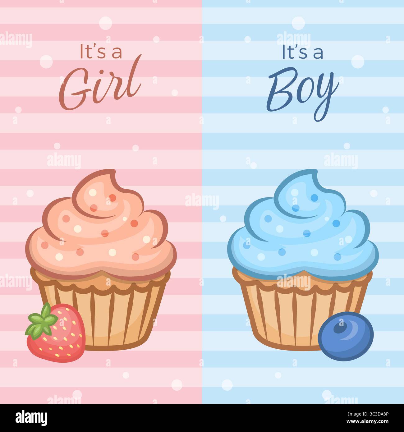 Illustration vectorielle mignonne de deux cupcakes pour la partie de révélation de genre. Cupcake rose à la fraise pour fille et cupcake bleu à la myrtille pour garçon. Illustration de Vecteur