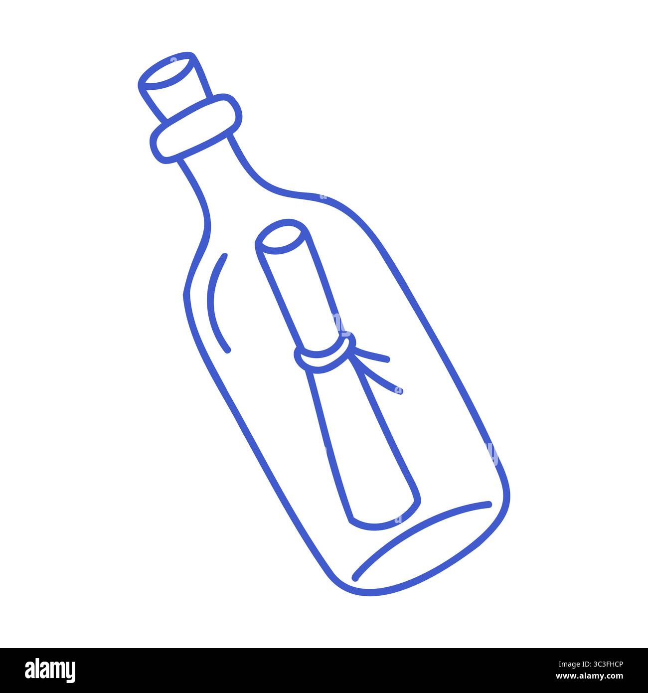 Bouteille en verre avec rouleau de papier enroulé attaché avec ficelle. Contour vectoriel modifiable. Illustration d'icône minimaliste. Illustration de Vecteur
