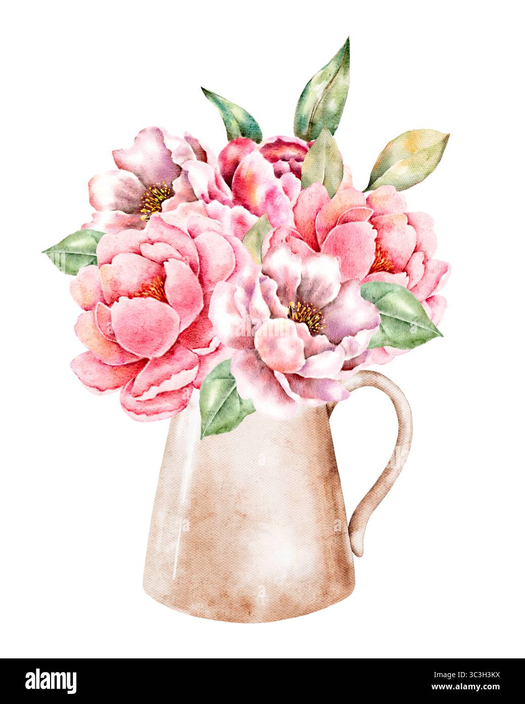 Illustration aquarelle peinte à la main d'un vase beige rustique avec des pivoines roses en fleurs et des feuilles vertes. Créé avec amour par un artiste professionnel Banque D'Images Illustration aquarelle peinte à la main d'un vase beige rustique avec des pivoines roses en fleurs et des feuilles vertes. Créé avec amour par un artiste professionnel Banque D'Images