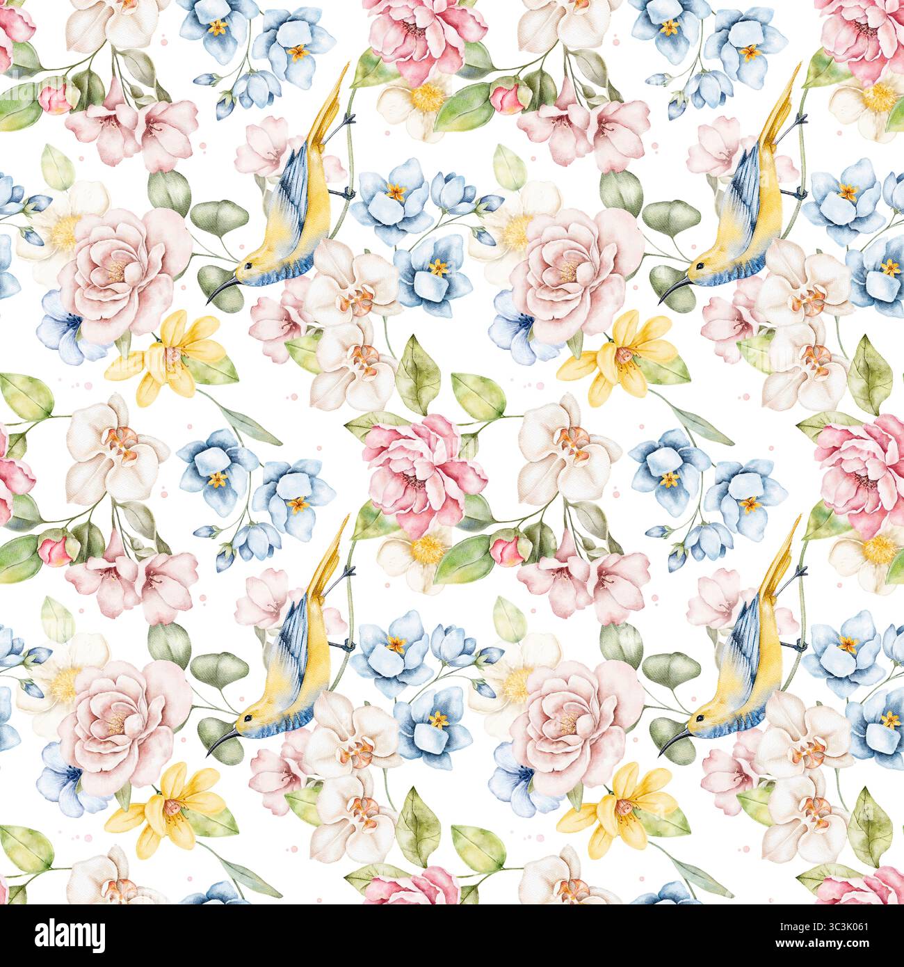 Motif aquarelle sans couture avec des oiseaux jaunes et bleus parmi les fleurs pastel et la verdure. Peint à la main et parfait pour l'impression de tissu, l'emballage, ou Banque D'Images