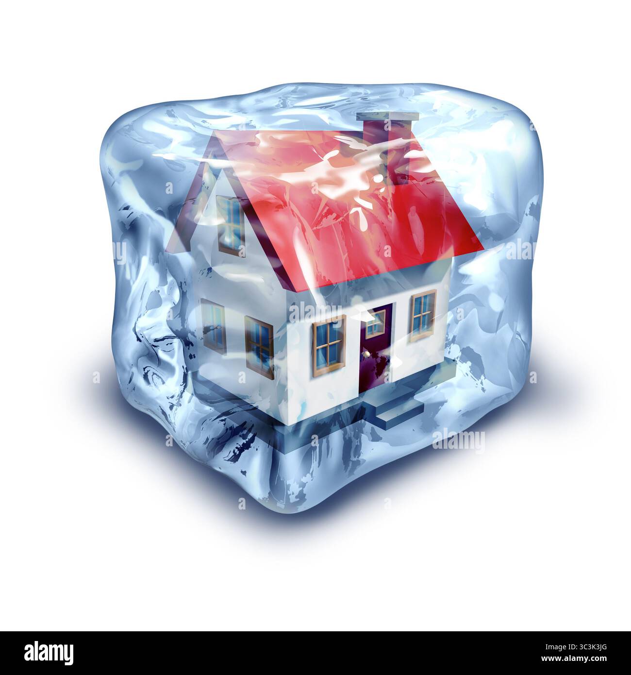Marché du logement dans Un Deep Freeze comme une maison et cube de glace withon un fond blanc comme un symbole de refroidissement immobilier et des marchés d'achat de maison en raison du Banque D'Images