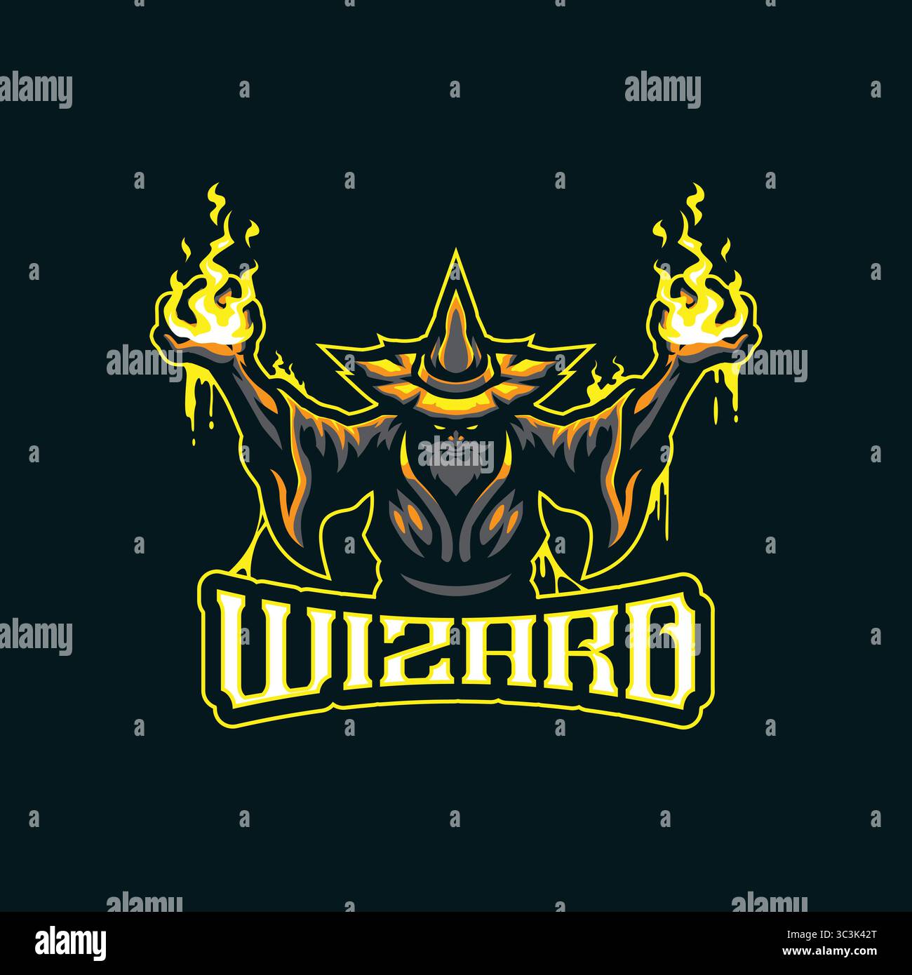 Vecteur de conception de logo de mascotte d'assistant. Illustration de sorcier en colère avec le feu à la main. Illustration de Vecteur